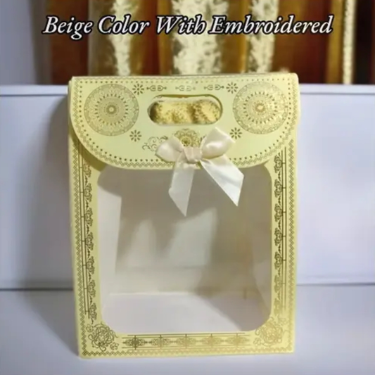 Premium Gift bag With Window beige with embroidery